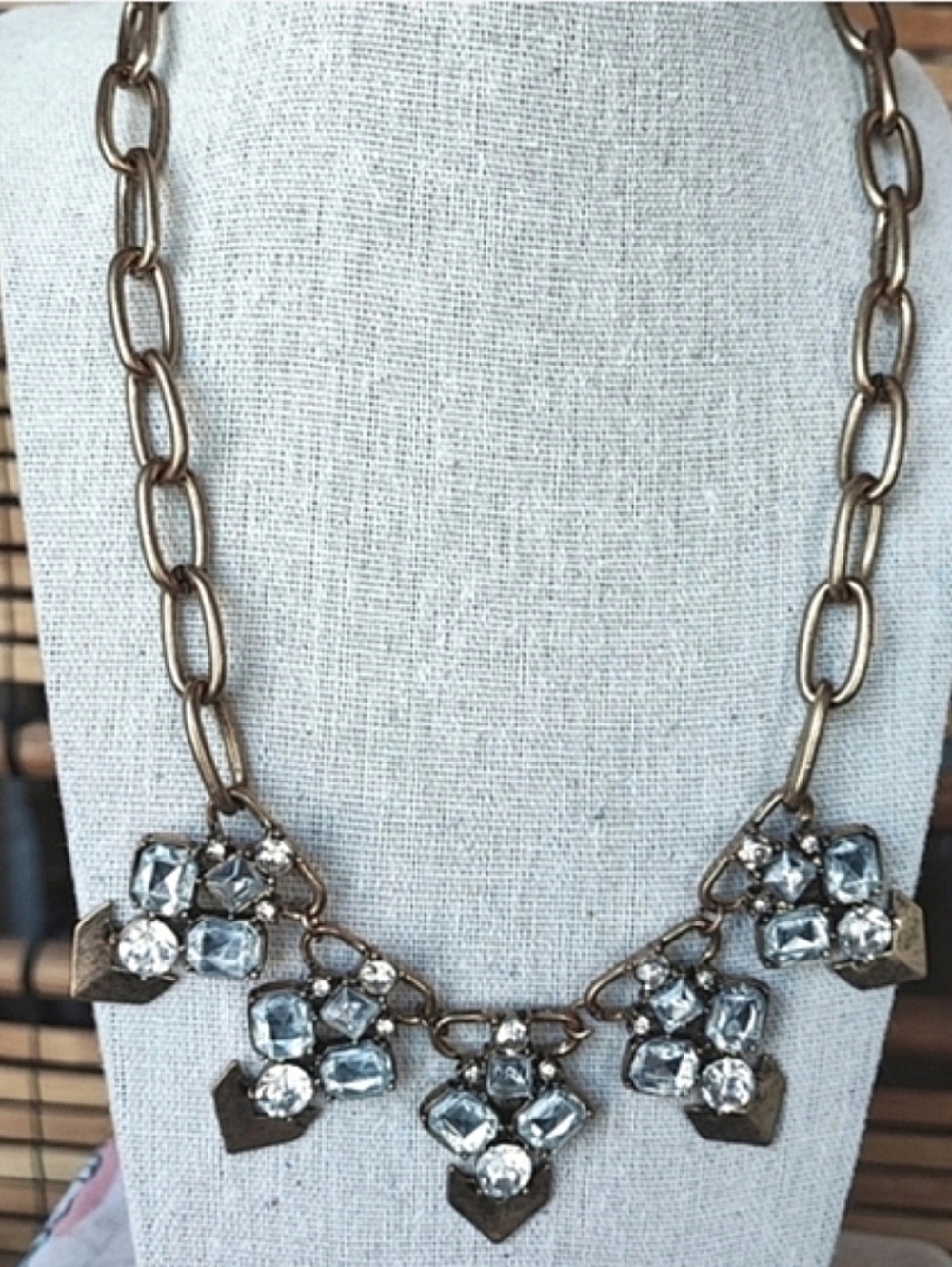 Plunder Brand Clear Rhinestone Oxidized Brass Tone Statement Necklace Art Deco